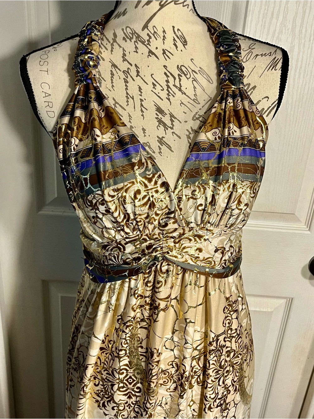 Shoreline Bohemian Printed Halter Maxi Dress - Beige, Purple & Gold foil S/M - Picture 9 of 16